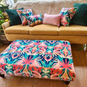 A beautiful handmade Large Footstool, Upholstered Coffee Table, Large Footstool, Ottoman in Harlequin Melora Brazilian Rosewood Velvet