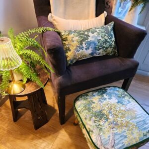 Small piped square footstool, in Sanderson Arboretum Ancient Canopy fabric with matching cushion