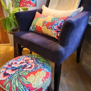 Small round footstool in Honshu fabric by Thibaut with premium angled legs with brass caps with matching cushion. ONLY 1 AVAILABLE!