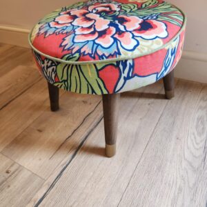 Handcrafted Round Footstool: Honshu Thibaut Fabric, Angled Brass-Cap Legs